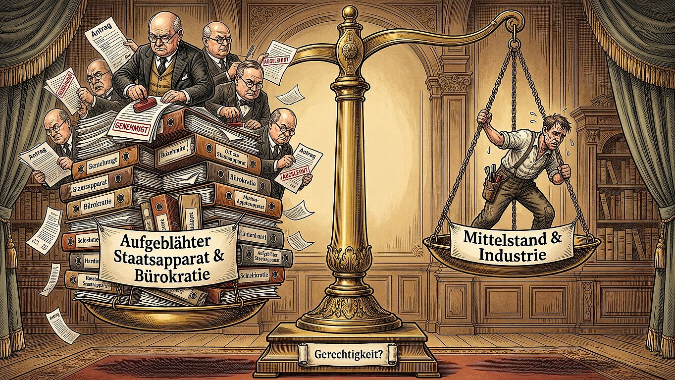 Der aufgeblähte Staatsapparat belastet den Mittelstand Symbolbild zum aufgeblähten Staatsapparat: Eine Waage im Ungleichgewicht zwischen schwerer Bürokratie und dem belasteten Mittelstand.
