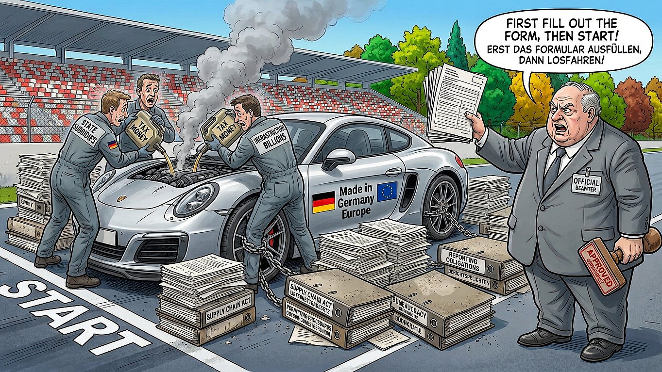 Wirtschaftspolitik im Stau: Bürokratie blockiert Investitionen Karikatur zur Wirtschaftslage: Ein modernes Auto wird durch dicke Aktenordner, Bürokratie und Genehmigungsverfahren blockiert.
