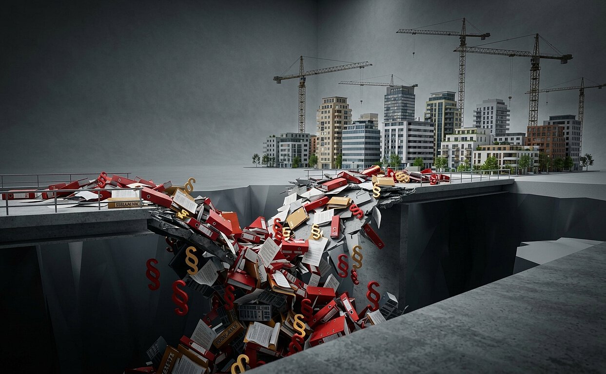 3D-Symbolfoto einer eingestürzten Brücke aus Paragrafen und Aktenordnern, die den Baustopp und Investitionsstau durch Mietpreisbremse und Enteignung darstellt