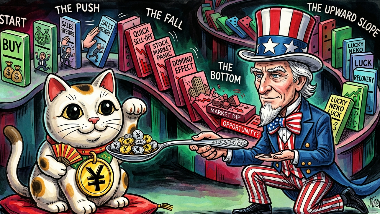 Yen Carry Trade & US-Intervention: Der Domino-Effekt erklärt Karikatur zur FX-Intervention: Lucky Neko Katze wird von Uncle Am mit Yen gefüttert vor einer Kette umkippender Dominosteine der Weltwirtschaft.