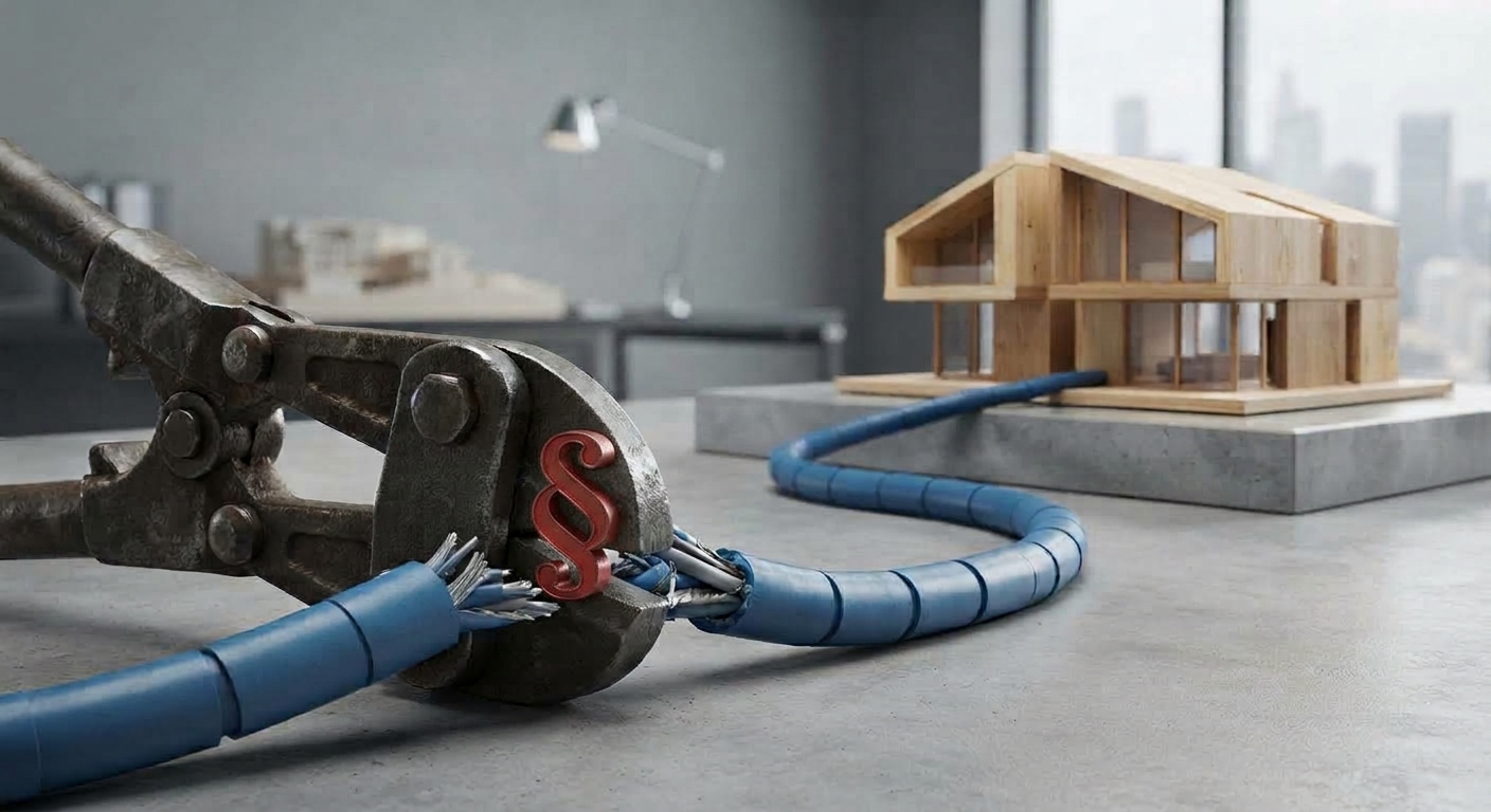 Modellhaus aus Holz mit blauem Versorgungskabel, das von einer großen Eisenzange zugeschnürt und blockiert wird.